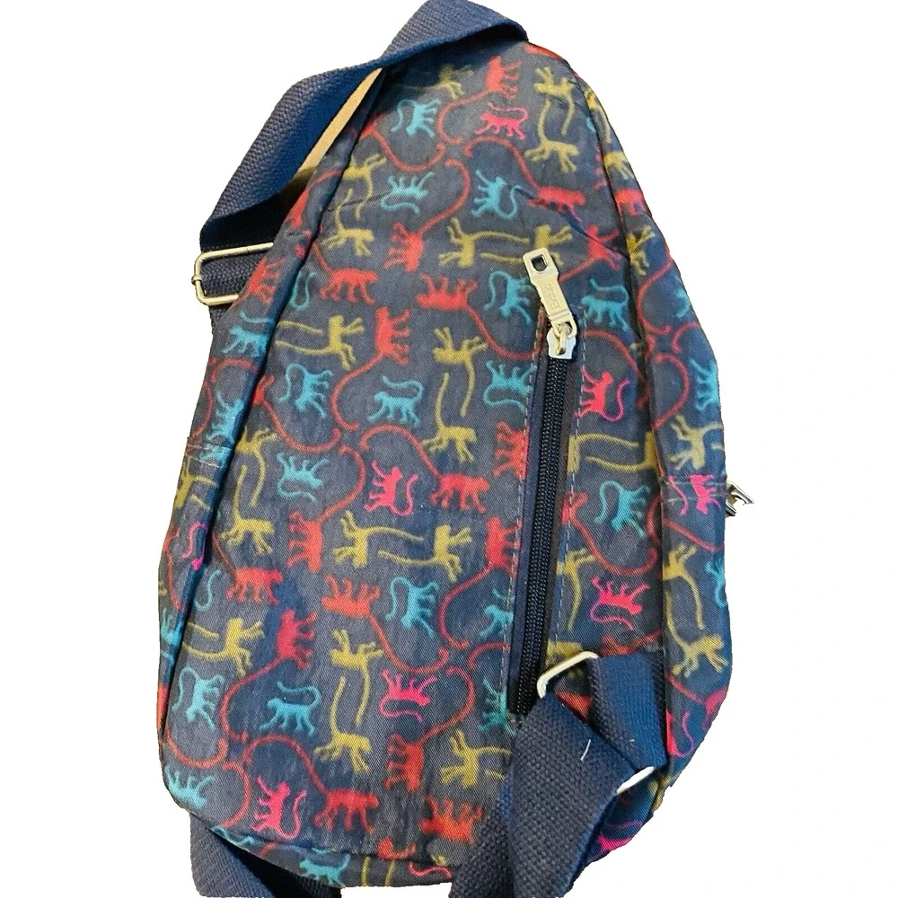 Bobo Obob Monkey Print Sling Backpack Crossbody Bag 4 Pocket Blue Colorful